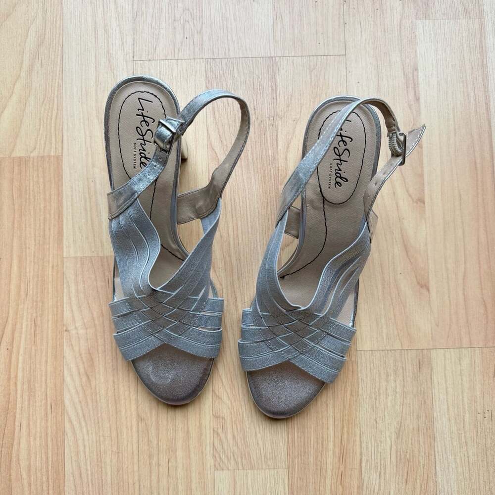 Silver Metallic Slingback Heeled Sandals by LifeStride 9.5